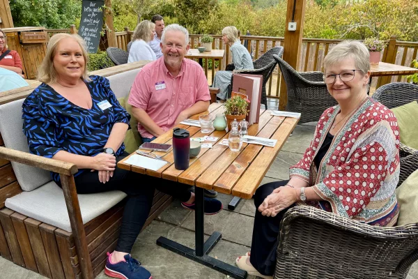 Business owners networking over breakfast on the Terrace at The Watermill in Dorking