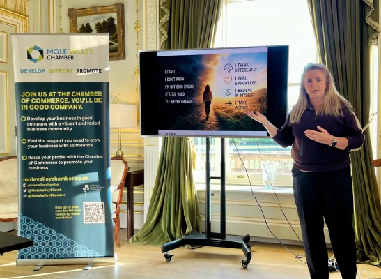 Louise Camby speaking about legacy in business at Mole Valley Chamber's September breakfast